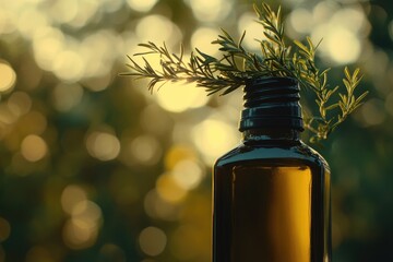 Amber bottle of rosemary essential oil, bathed in golden sunlight, sits against a blurred green background.