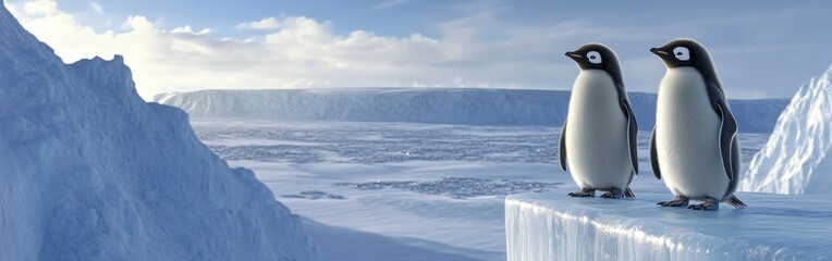 Fototapeta premium Two penguins stand together on a frozen ledge, gazing out at the expansive icy terrain that stretches into the distance, showcasing a serene and isolated habitat. With copy space for text