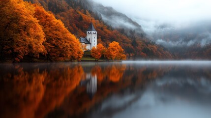 Naklejka premium A picturesque autumn scene featuring a castle nestled among vibrant orange trees, mirrored perfectly in the calm lake beneath a mystical foggy mountain backdrop.