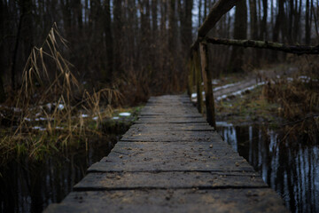 Obraz premium A small wooden bridge over a quiet stream in a dark winter forest surrounded by dry grass and patches of snow on the banks creating a calm and mysterious atmosphere. An old bridge over a small river.