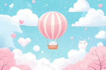 A Cute Bunny Rides A Pink Hot Air Balloon In A Dreamy Sky