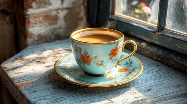Vintage teacup on rustic windowsill in sunlight.