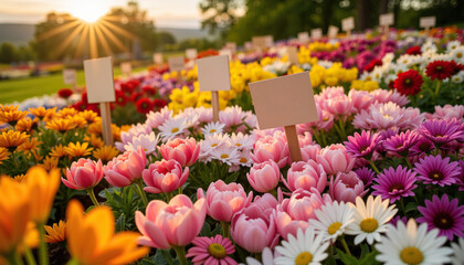 Obraz premium Colorful flowers blooming in a field at sunset