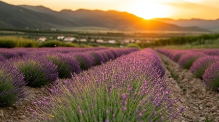 Fototapeta premium A captivating image of lavender fields at dusk, where purple flowers elegantly stretch towards the horizon under a warm and colorful sky.