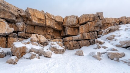 An impressive view of rugged rocks enveloped in snow, emphasizing the natural beauty and dramatic textures found in a winter environment.