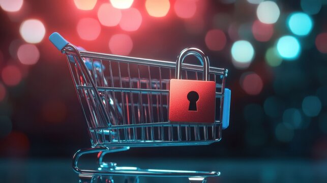 A shopping cart with a security padlock symbolizing safe online transactions.