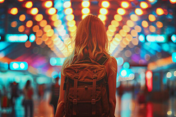 Fototapeta premium A traveler with a backpack stands in a vibrant, colorful terminal with blurred lights. Concept of adventure and exploration. For travel-themed promotions.