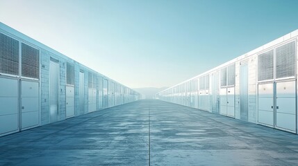 Industrial battery storage facility featuring large white containers under a clear blue sky for renewable energy storage