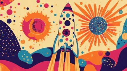 Retro Rocket Launching Through Colorful Cosmic Landscape