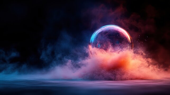The image captures a colorful glass orb emerging from vibrant smoke, fusing colors and light in an artistic display that invites viewers to explore deeper emotions and thoughts.