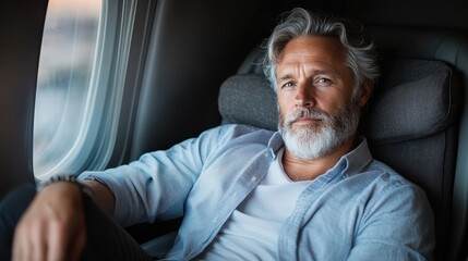 Fototapeta premium A relaxed man in a private jet cabin, engaging with the serene atmosphere, conveying a sense of calm and sophistication, ideal for portraying luxury travel experiences.