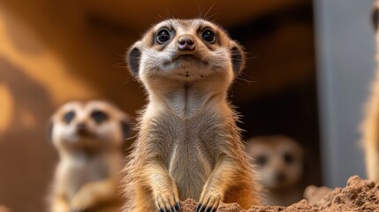 Fototapeta premium A close-up of a curious meerkat family, with the forefront meerkat gazing inquisitively, encapsulating playful energy and social behavior in their natural habitat.