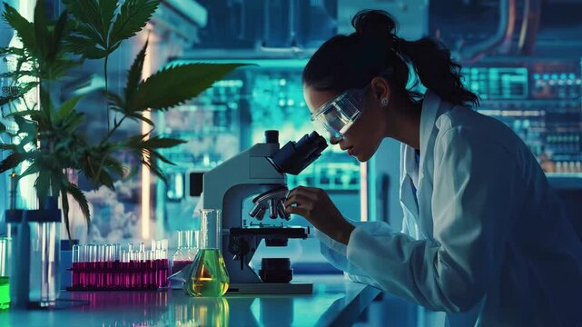 Scientist woman analyzes cannabis plant samples for medical purposes using a microscope in a modern lab