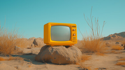 Vintage yellow television set placed on rock in dry desert landscape with blue sky, retro technology, nostalgic media, creative artistic composition, and abandoned old-fashioned screen