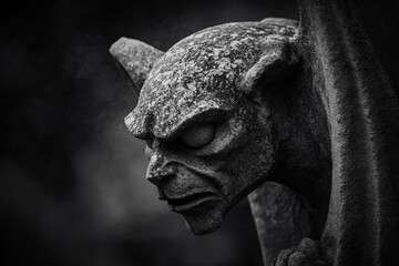 A weathered stone gargoyle, ominous and fierce, with a grotesque expression.