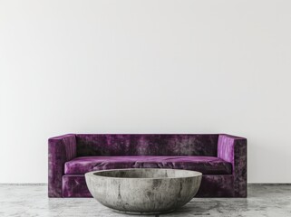 Purple velvet sofa and a large wooden bowl coffee table in front of a white wall