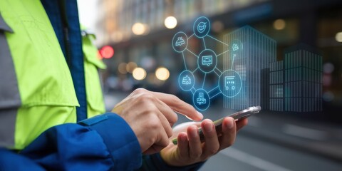 Smart City Technology: Worker using mobile app for urban infrastructure management