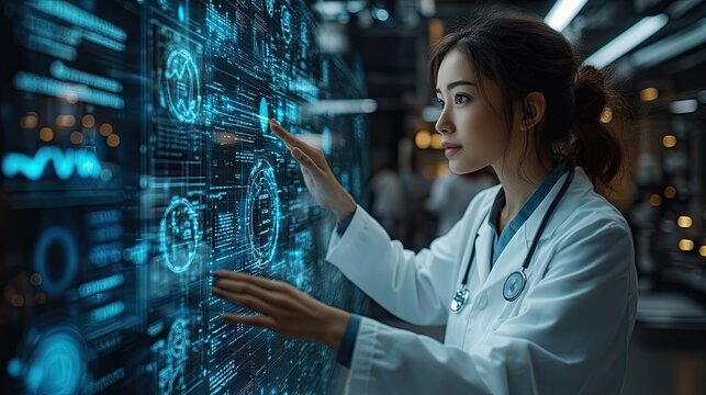 A female doctor in a white lab coat interacts with a large digital screen in a futuristic medical facility.  