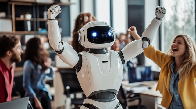A humanoid robot joyfully raises its arms in celebration, surrounded by a group of excited colleagues in a modern office. Laughter and cheers fill the air as they embrace innovation