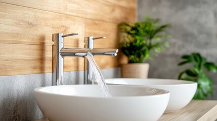 A sleek and contemporary bathroom setting featuring dual stylish sinks with elegant faucets, complemented by natural wooden accents, promoting a sense of tranquility and modernity.