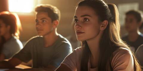 Obraz premium Students in a College Classroom Setting, Looking Engaged