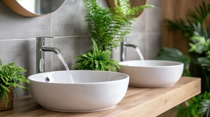 An inviting and stylish bathroom showcasing two elegant sinks, impressive faucets, and vibrant plants creating a fresh and tranquil ambiance for relaxation and rejuvenation.