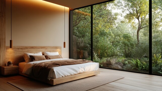 A serene bedroom design featuring a cozy bed with natural wooden elements, beautifully framed by large windows that offer a stunning view of lush greenery and nature outside. - Powered by Adobe