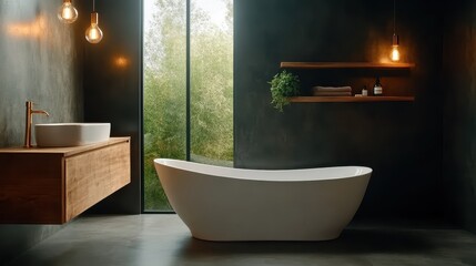 A serene bathroom featuring a modern bathtub and wooden accents, allowing natural light to enhance the calming atmosphere and aesthetic appeal.