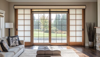 Japanese sliding door d with minimalist tatami elements, emphasizing traditional design
