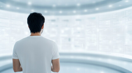 Skilled programmer interacting with holographic interface, processing digital data within high-tech control environment, managing complex technological workflow