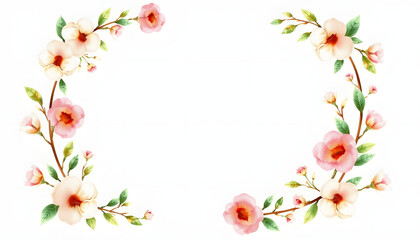 Watercolor floral wreath and bouquet frame illustration with cotton balls peach color, white, pink, vivid flowers, green leaves, for wedding stationary, greetings, wallpapers,  background isolated w