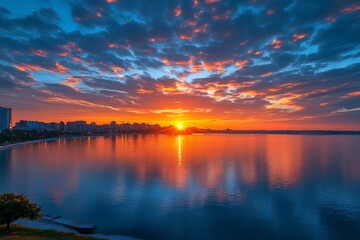Naklejka premium Dramatic Sunset Over City Skyline
