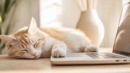 Adorable ginger cat sleeping peacefully on a laptop keyboard on a wooden desk in a brightly lit home office, creating a cozy and serene work-from-home atmosphere