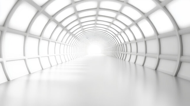 Bright light at the end of a futuristic tunnel with grid-like ceiling, floor and walls, creating a perspective with fisheye effect in a minimalist and neon style
