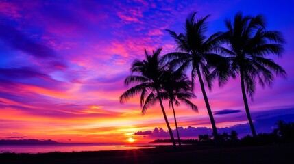 Vibrant sunset over a serene beach with palm trees silhouetted against a colorful sky