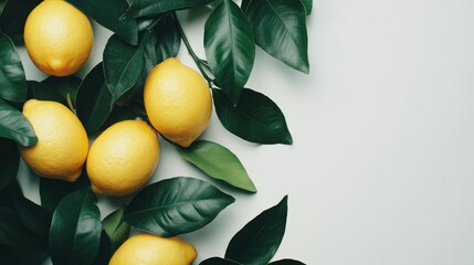 A fresh and vibrant arrangement of juicy lemons accompanied by green leaves, isolated on a white background