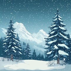 Obraz premium Winter landscape with snowy fir trees and snowflakes. Vector illustration.