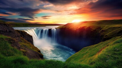 Icelandic waterfall sunset, dramatic sky, green hills, travel photography