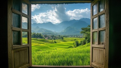 Fototapeta premium Serene Mountain View from Rustic Window