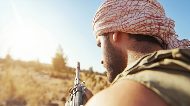 Fisheye view of a soldier wearing keffiyeh and tactical vest, holding a machine gun and aiming in a desert area, with bright sunlight in the background during a military training exercise