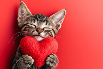 Oriental shorthair - my preferred cat. Cute oriental shorthair feline infant with fluffy red heart - sign of love, funny greeting card. Digital ads creative art. Red love-themed animal image.