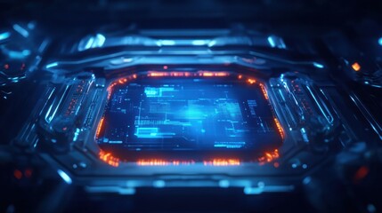 Glowing car hologram interface on dark blue background. Transport diagnostics and futuristic technology concept. 3D Rendering.