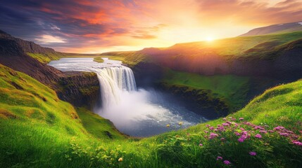 Fototapeta premium Majestic Icelandic waterfall sunset, green hills, travel