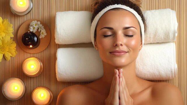 Woman experiences relaxation surrounded by candles, towels, and soothing decor in a spa environment, top view