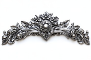 Ornate silver decorative piece featuring floral motifs and a central orb displayed against a white background