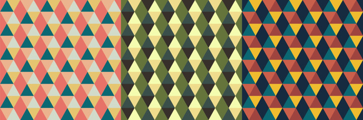 Seamless multi colored retro Bauhaus abstract shapes pattern set. Vector abstract geometric background