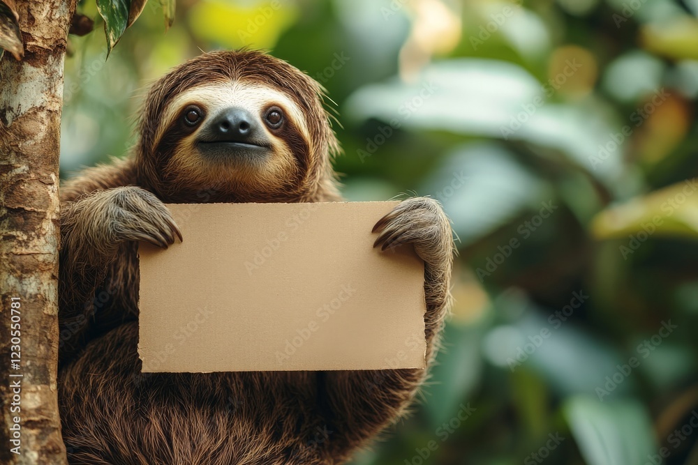 Poster sloth happily holding a blank sign while perched on a tree branch in a lush green environment