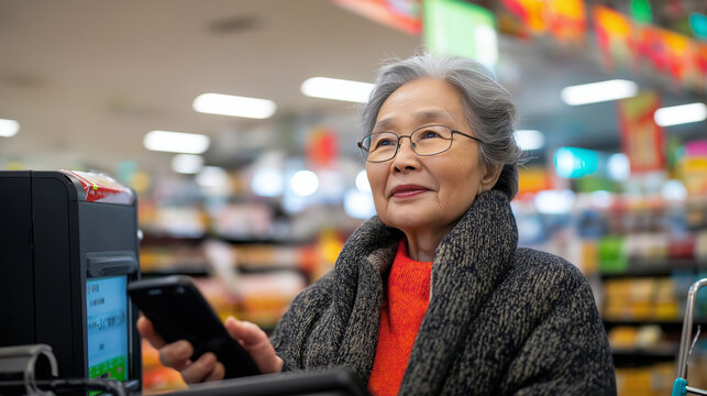 Senior customer paying for groceries using smartphone at a self-service checkout in supermarket, adopting new technologies for a convenient and modern shopping experience