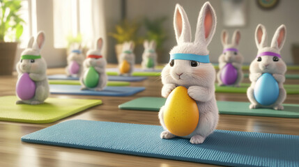Easter Egg Workout, fit bunny leading an exercise class for eggs on yoga mats