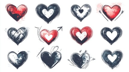 Fototapeta premium Heart sketches. Doodle heart shape symbols set. Cute fluffy, dotted, outlined, checkered, broken, red, black and white hearts with wings, arrow sketches. Scribble design elements for Valentines Day